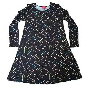 Joyland Colorful Candy Cane Xmas Print Dress Black Long Sleeve Dress Womens M